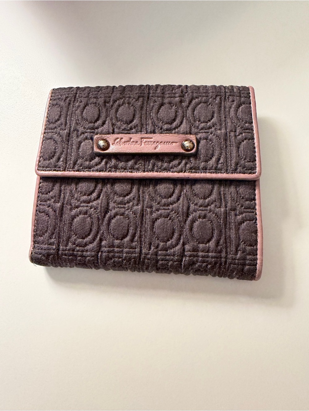 Salvatore Ferragamo Black Quilted Wallet with Mauve Trim